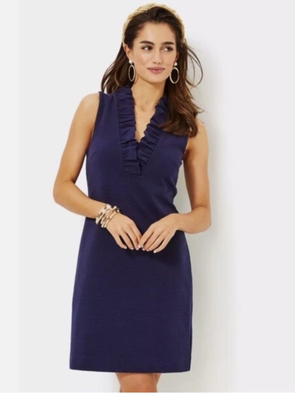 BOGO! Lilly Pulitzer Tisbury True Navy Ruffle Collar Shift Dress Ottoman Medium